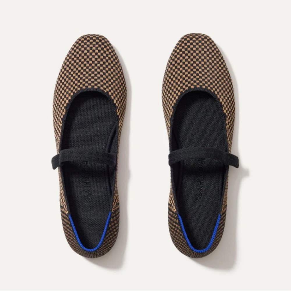 Rothy's Brown Check Mary Jane Flats with Black Trim